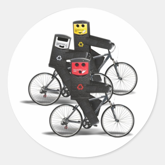 Recycelnd Bins mit dem Fahrrad Runder Aufkleber (Vorderseite)