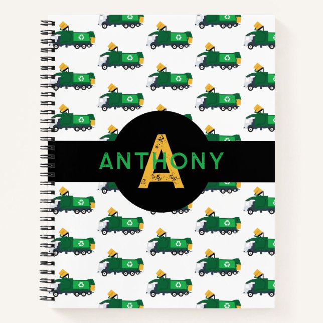 Recycelnd Garbage Truck Kids Monogram School Notizbuch (Vorderseite)