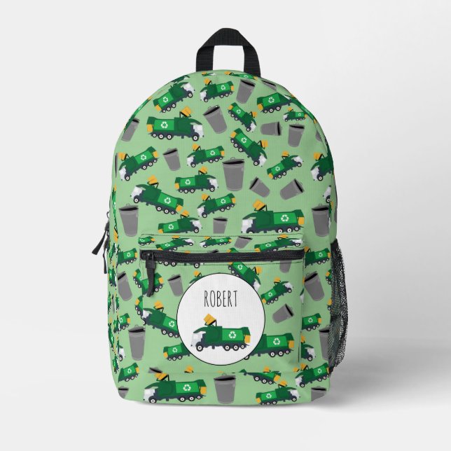 Recycelnd Garbage Truck Muster Boys Name Bedruckter Rucksack (Vorderseite)