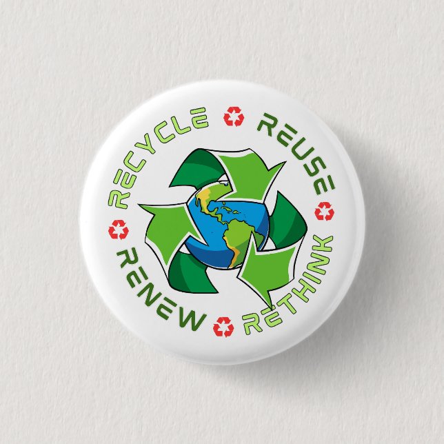 Recycle, Wiederverwendung, Erneuerung, Überdenken. Button (Vorderseite)