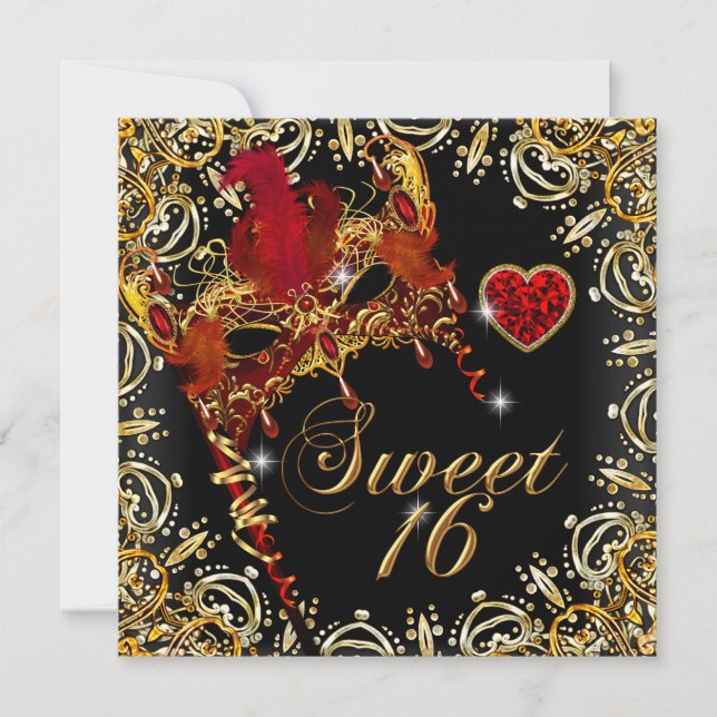Red 16 . Geburtstag Sweet 16 Masquerade Gold Einladung (Vorderseite)
