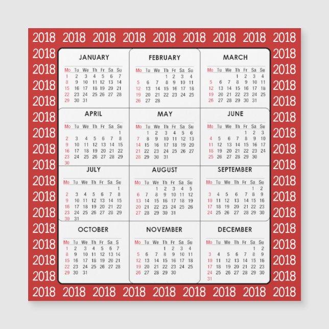 Red 2018 Calendar Square Magnetkarte (Vorderseite)