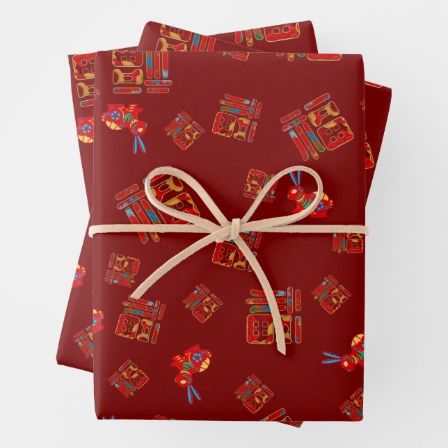Red 2023 Lunar New Year Rabbit 福 Segings Wrappin Geschenkpapier Set (Beispiel)