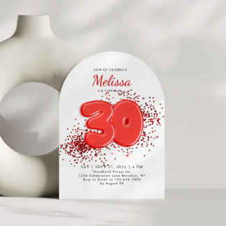 Red 30. Balloons Confetti Adult Birthday Arch Einladung