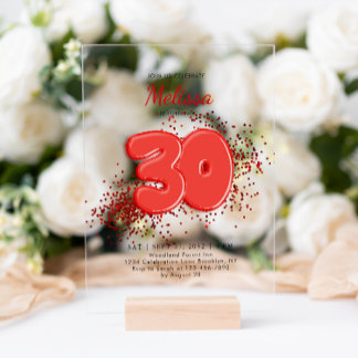 Red 30. Balloons Confetti Erwachsene Geburtstag Acryleinladungen