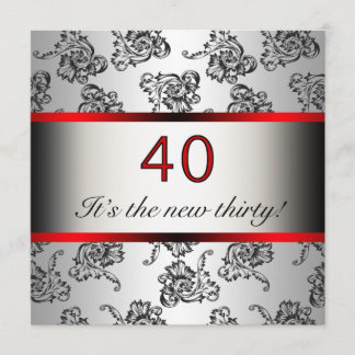 Red 40. Geburtstag Party Black Damask Einladung