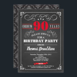 Red 90th birthday party chalkboard vintage einladung<br><div class="desc">[Any Age. All text are editable]

Theme:  Birthday,  Anniversary,  Retirement Party / Celebration 
Style: Retro,  Vintage,  Elegant
Colors: Black,  Red and White.
Graphics: retro chalkboard ,  vintage typography and frame,  damask background,  red lettering.</div>