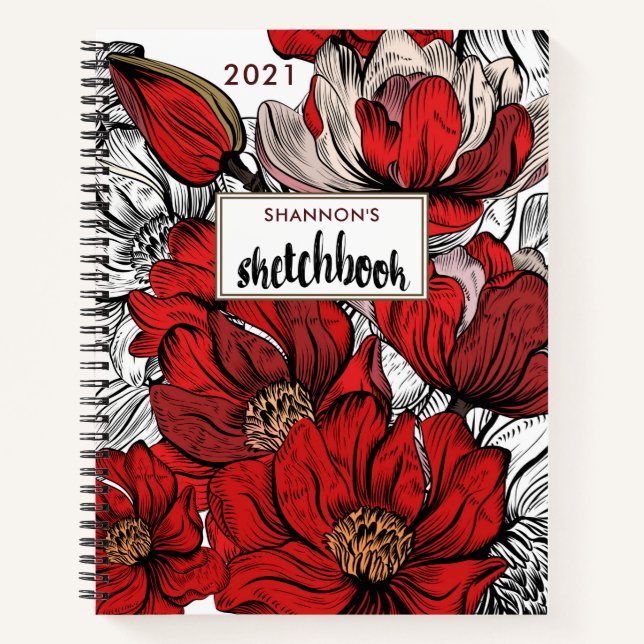 Red Abstrakt Floral 2022 Personalisiert Sketchbook Notizbuch (Vorderseite)