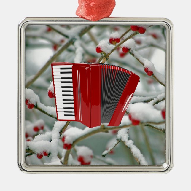 Red Accordion - Berries in the Snow Background Ornament Aus Metall (Vorne)