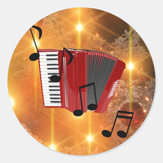 Red Accordion mit Musical Notes Runder Aufkleber (Vorderseite)