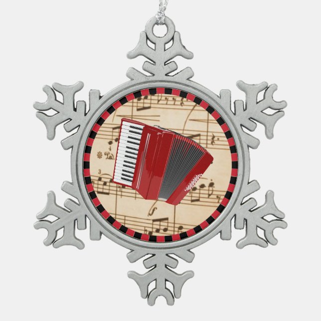 Red Accordion, populäres Design, Schneeflocken Zinn-Ornament (Vorderseite)