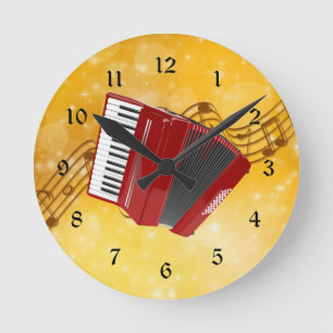 Red Accordion und Musical Notes Runde Wanduhr