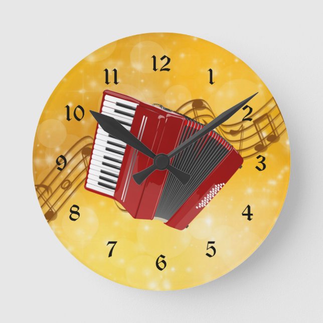 Red Accordion und Musical Notes Runde Wanduhr (Vorderseite)