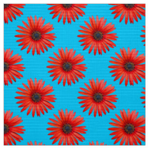 Red African Daisy Pattern auf Sky Blue Stoff