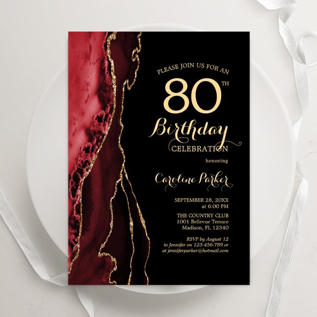 Red Agate Gold Black 80. Geburtstag Einladung (Von Creator hochgeladen)