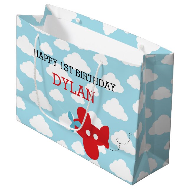 Red Airplane Gift Bags - Niedliches Flugzeug Cloud Große Geschenktüte (Vorderseite Schrägansicht)