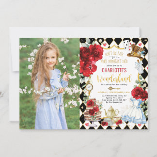 Red Alice im Wunderland Mad Hatter Birthday Tee Einladung