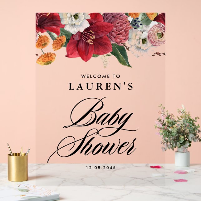 Red Amaryllis Botanical Baby Dusche Willkommen Acrylschild (Hochzeit)