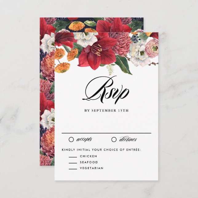Red Amaryllis Botanical Winter Wedding RSVP Karte (Vorne/Hinten)