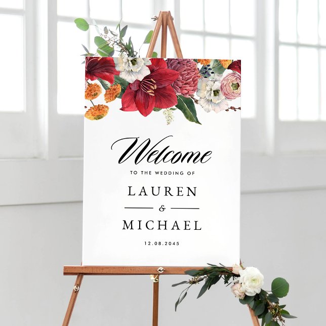 Red Amaryllis Botanical Winter Wedding Willkommen Poster (Von Creator hochgeladen)