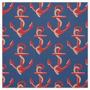 Red Anchors Nautical Pattern on Dark Blue Stoff