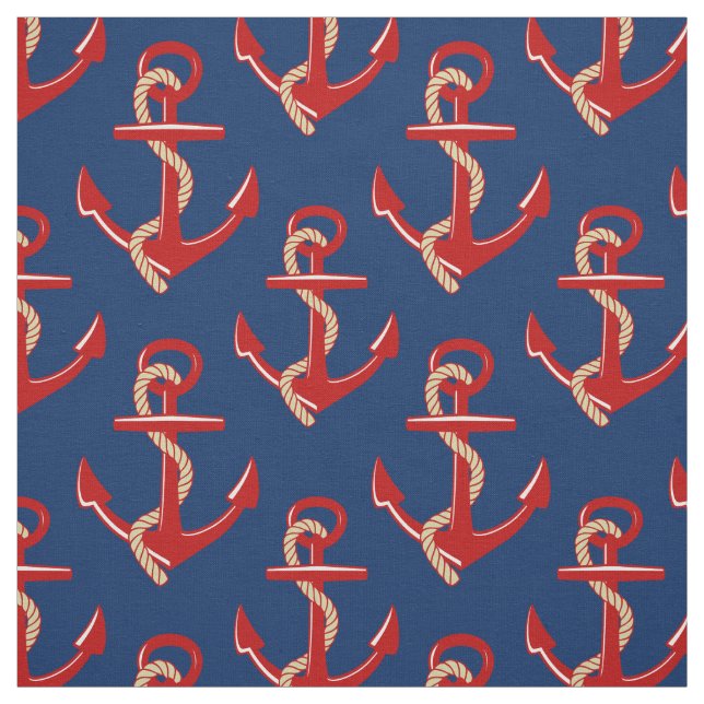 Red Anchors Nautical Pattern on Dark Blue Stoff (Muster)