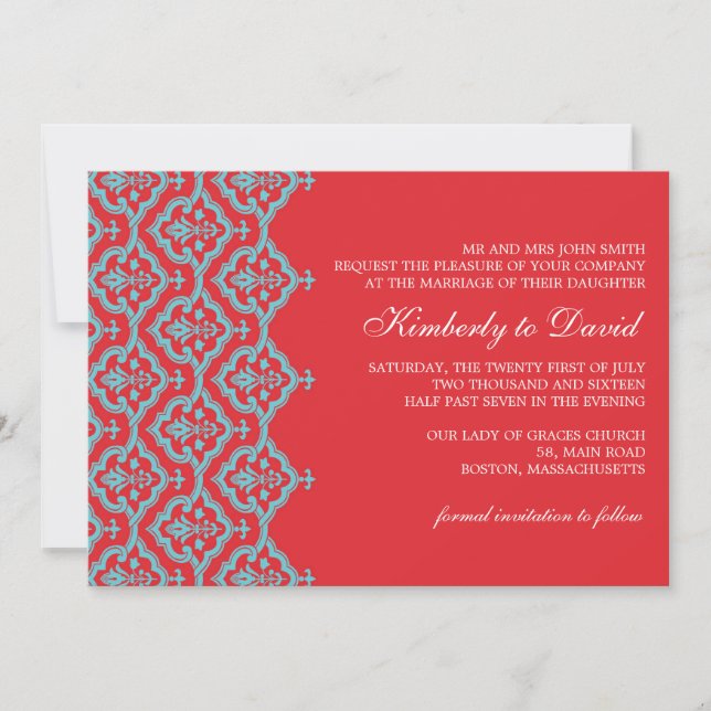 Red and Aqua Damask Wedding Einladung (Vorderseite)