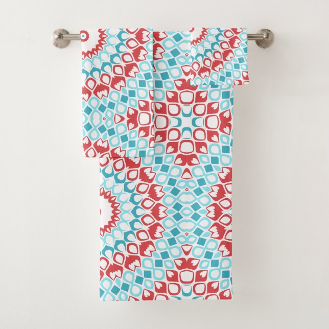 Red and Aqua Geometric Mandala Pattern Badhandtuch Set (Insitu)