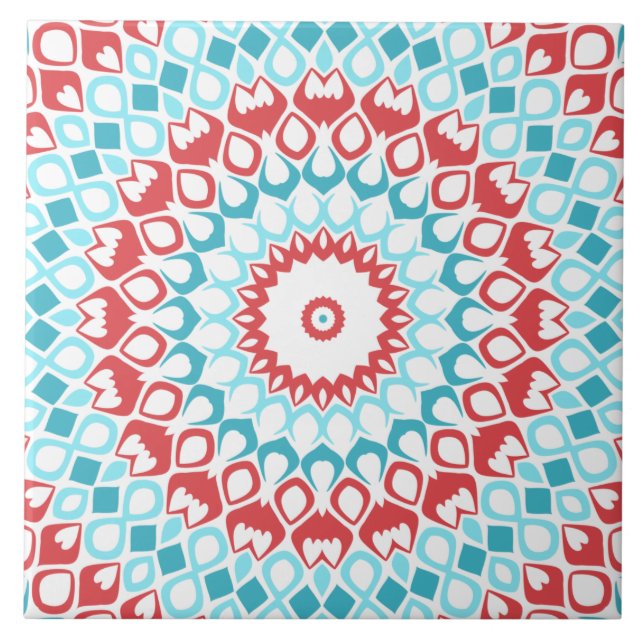 Red and Aqua Geometric Mandala Pattern Fliese (Vorderseite)