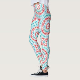 Red and Aqua Geometric Mandala Pattern Leggings