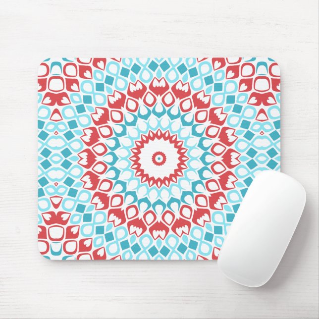 Red and Aqua Geometric Mandala Pattern Mousepad (Mit Mouse)