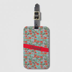 Red and Aqua Poppies Muster Personalisiert Gepäckanhänger