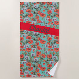 Red and Aqua Poppies Muster Personalisiert Strandtuch