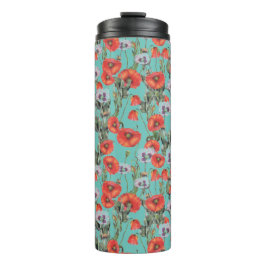 Red and Aqua Poppies Muster Thermal Tumbler Thermosbecher