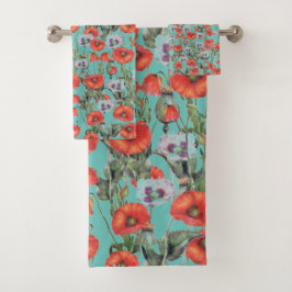 Red and Aqua Poppies Pattern Badhandtuch Set