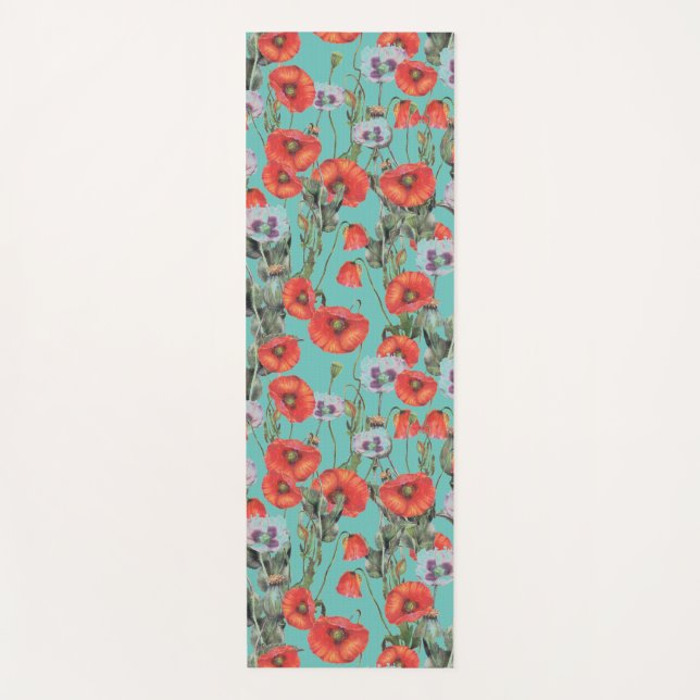 Red and Aqua Poppies Pattern Yogamatte (Vorderseite)