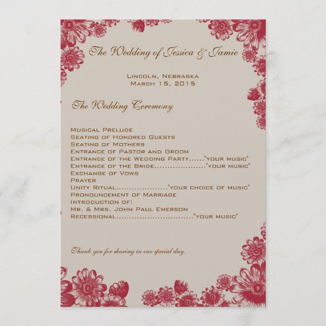 Red and Beige Daisy Wedding Program Programm (Vorderseite)