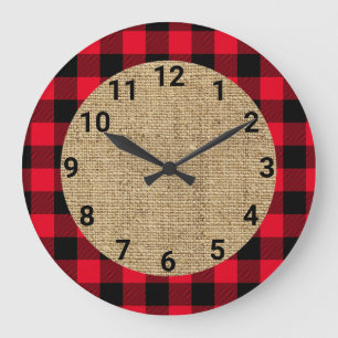 Red and Black Buffalo Plaid Burlap Circle Große Wanduhr