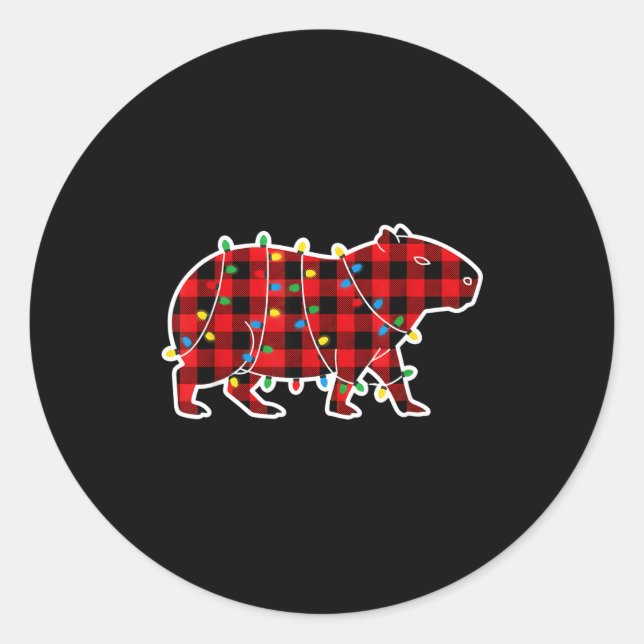 Red And Black Buffalo Plaid Capybara Christmas Lig Runder Aufkleber (Vorderseite)