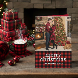 Red and Black Buffalo Plaid Merry Christmas Photo Feiertagskarte