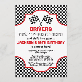 Red and Black Checkered Racing Birthday Einladung