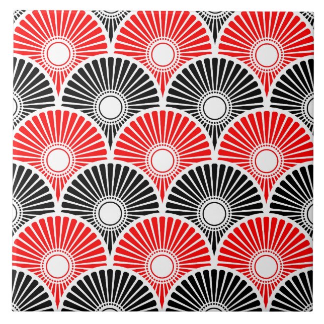 Red and Black Chinese Semi Circle Wave Muster Fliese (Vorderseite)