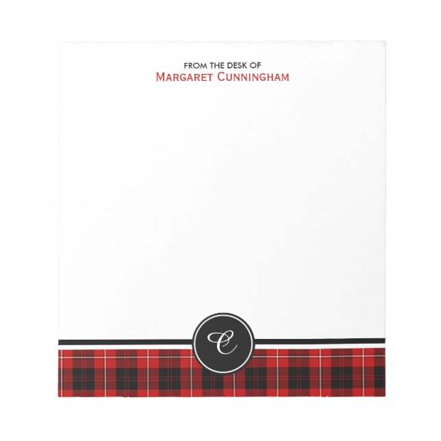 Red and Black Clan Cunningham Tartan Monogram Notizblock (Vorderseite)