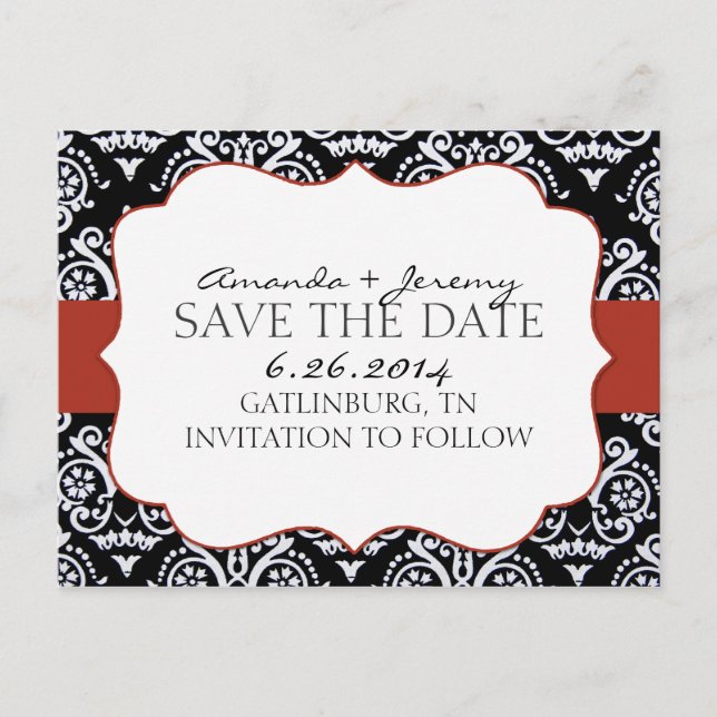 Red and Black Country Damask Muster Save the Date Ankündigungspostkarte (Vorderseite)