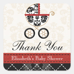 RED and Black Damask Baby Carriage Vielen Dank Quadratischer Aufkleber