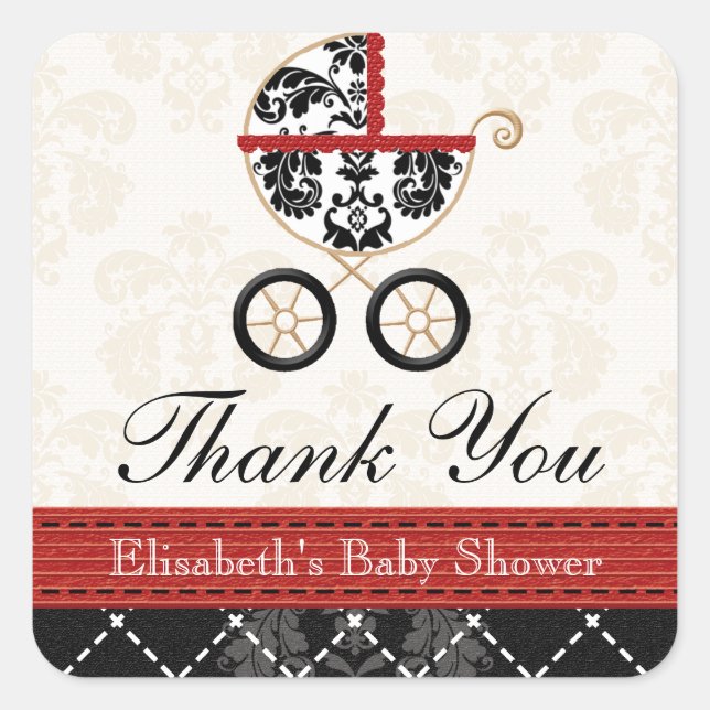 RED and Black Damask Baby Carriage Vielen Dank Quadratischer Aufkleber (Vorderseite)