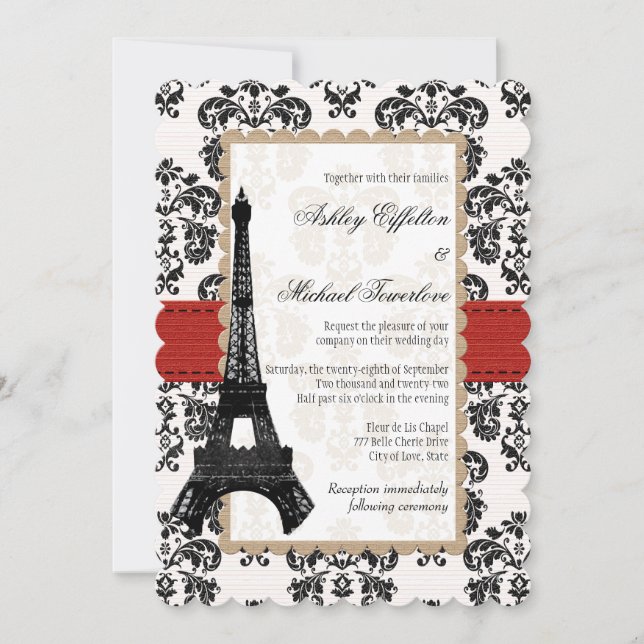 Red and Black Damask Eiffel Tower Wedding Einladung (Vorderseite)
