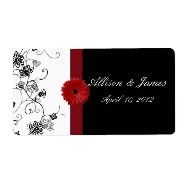 Red and Black Damask Red Gerbera DaisyWine Label (Vorne)