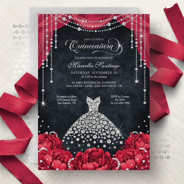 Red and Black Diamond Floral Quinceanera Einladung (Von Creator hochgeladen)
