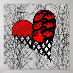 Red and Black Doodle Heart Funky Picture Poster